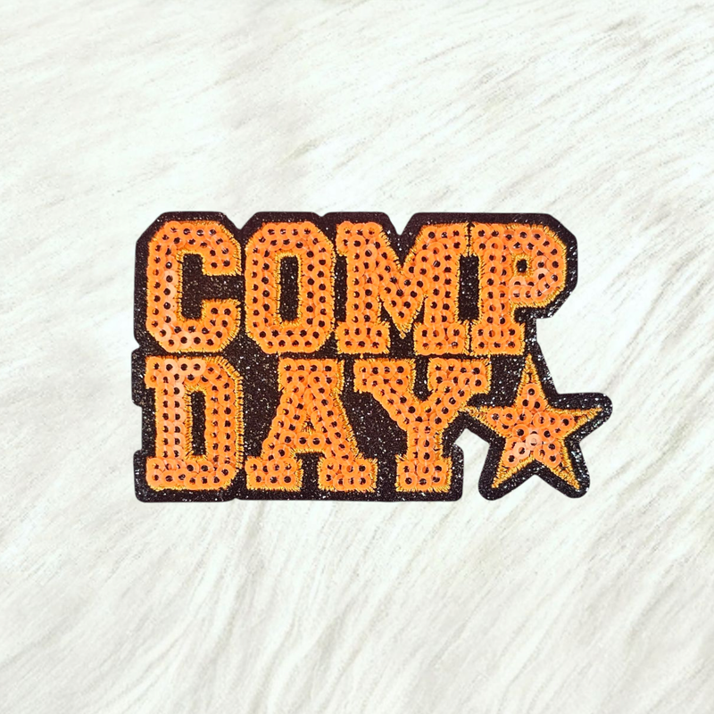 COMP DAY Cheer Dance Sequin on Glitter Small Iron-on Patch: White