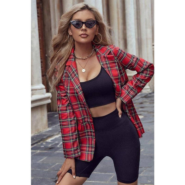 Christmas Red Plaid Blazer : RED / XL