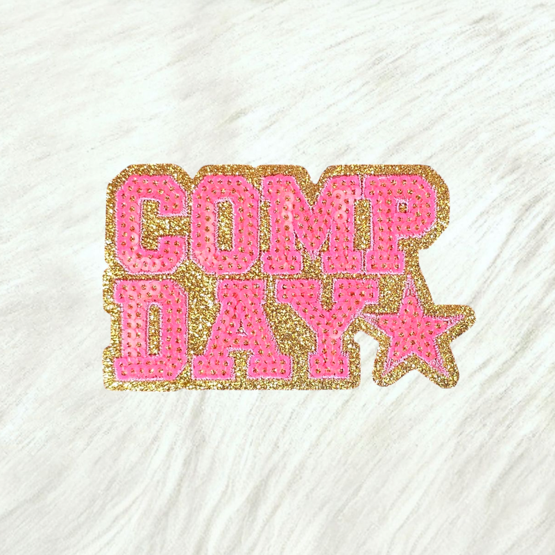 COMP DAY Cheer Dance Sequin on Glitter Small Iron-on Patch: White