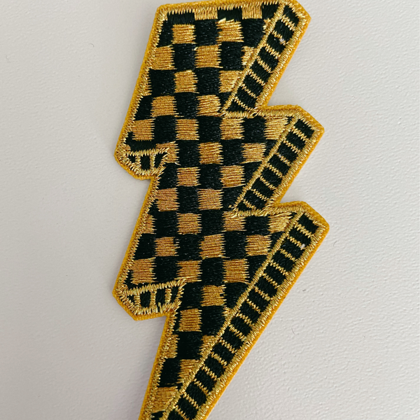 3” Checkered Lightning Metallic Gold - Embroidered Hat Patch: Embroidered Patch