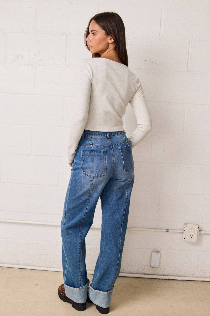 PT50967 - Ribbed Stretchy Fitted LS Lacey N-Neck Top: HEATHER GREY / S