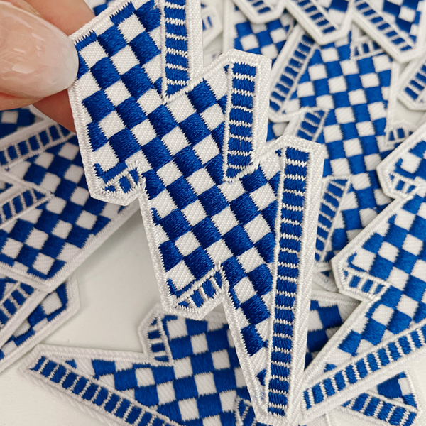 3” Checkered Lightning Blue & White -  Embroidered Hat Patch: Embroidered Patch