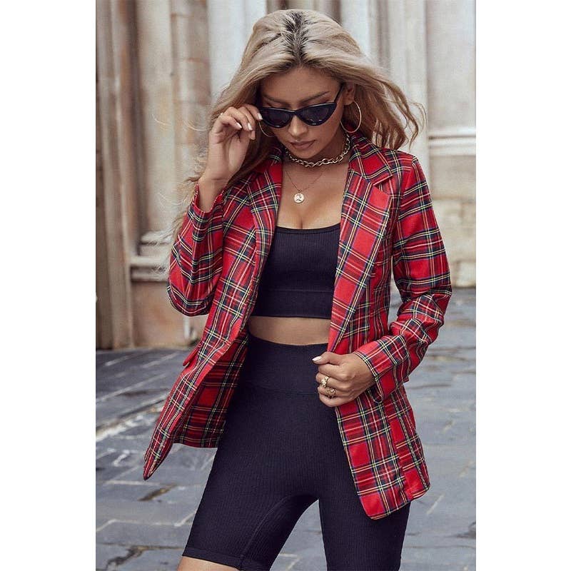 Christmas Red Plaid Blazer : RED / S