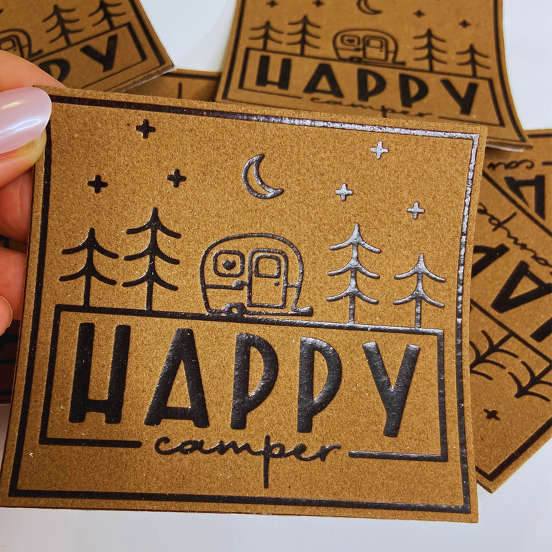 4" x 3.5" HAPPY Camper Patch - Hat Patch in Brown: Flag - Hat Patch