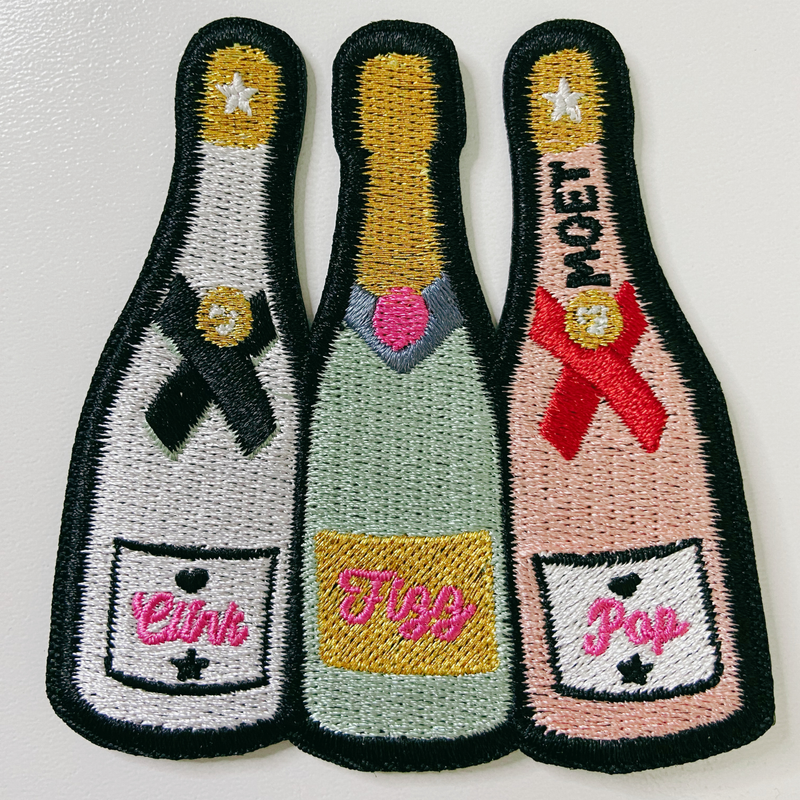 3" Clink, Fizz, Pop Champagne w Metallic Gold  -  Embroidered Hat Patch: QTY 1