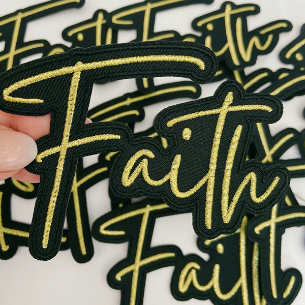 4" Faith Metallic Gold -  Embroidered Hat Patch: QTY 1