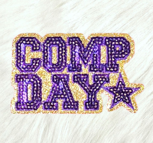 COMP DAY Cheer Dance Sequin on Glitter Small Iron-on Patch: White