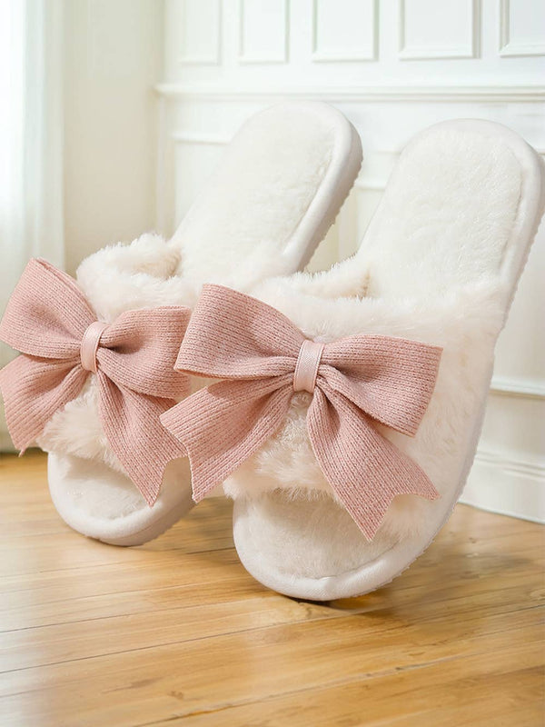 Bow Knot Decor Open Toe Plush Slippers: White / (US 11)43