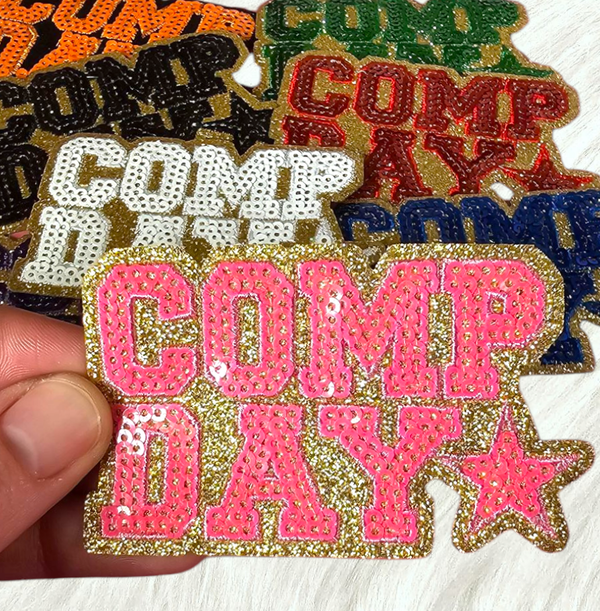 COMP DAY Cheer Dance Sequin on Glitter Small Iron-on Patch: White