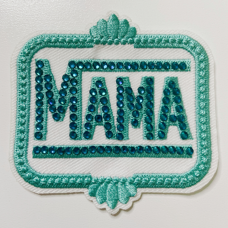 3" Teal MAMA with Rhinestones  -  Embroidered Hat Patch: 4" Embroidered Patch