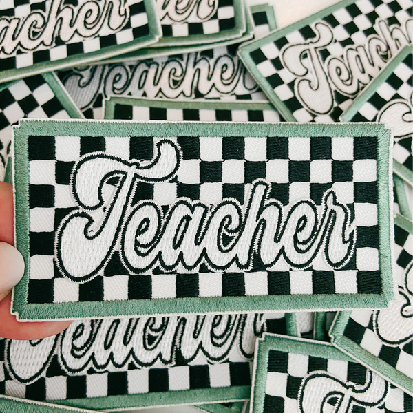 4" Checkered TEACHER -  Embroidered Hat Patch: 4" Embroidered Patch