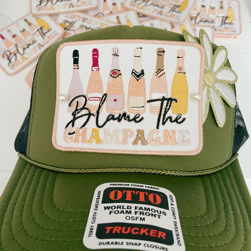 4" Blame the Champagne  -  Embroidered Hat Patch ( V2 4"x3"): QTY 1