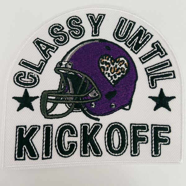 3.5" Classy Until Kickoff PURPLE -  Embroidered Hat Patch (3.5"w X 3.25"h): QTY 1