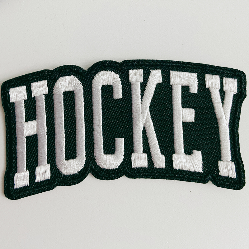 3.5” HOCKEY in white and black -  Embroidered Hat Patch: QTY 1