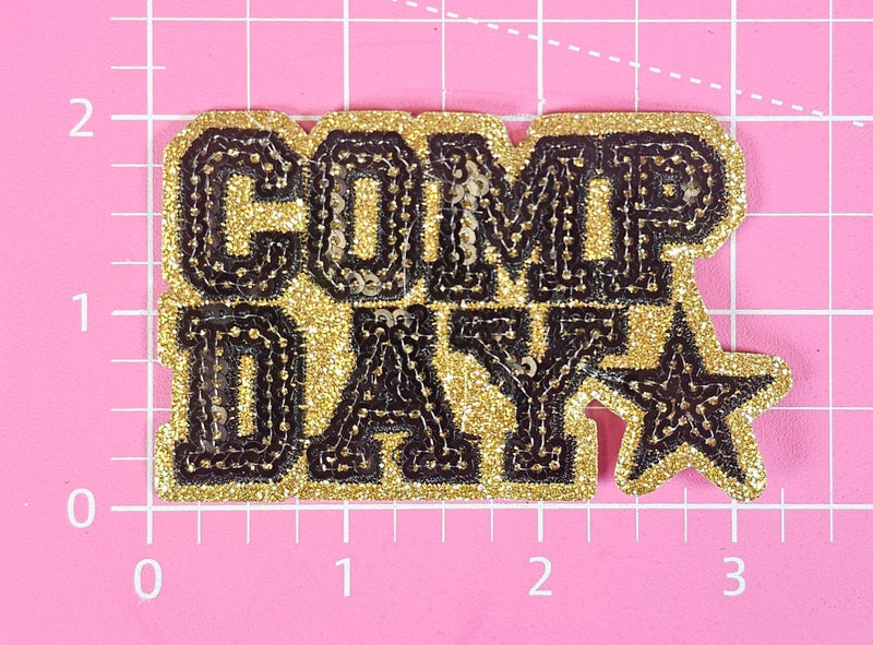 COMP DAY Cheer Dance Sequin on Glitter Small Iron-on Patch: White