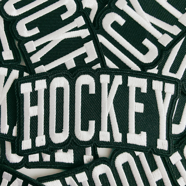 3.5” HOCKEY in white and black -  Embroidered Hat Patch: QTY 1