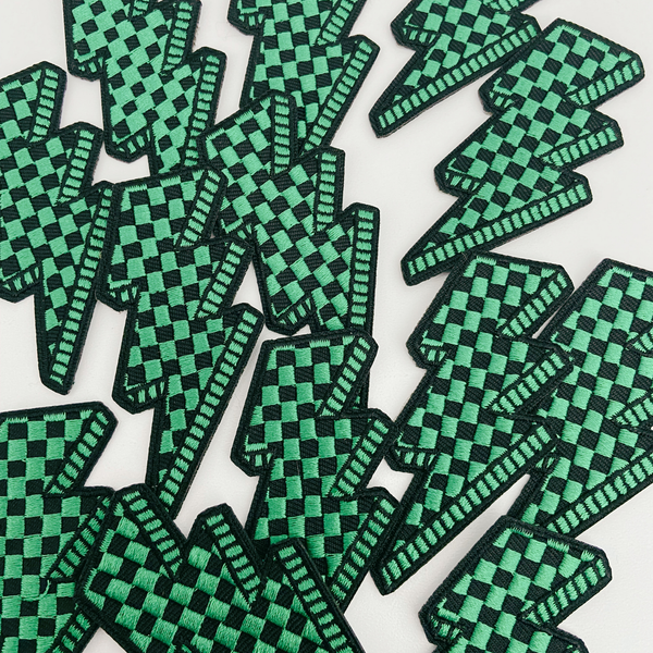 3” Checkered Lightning - GREEN - Embroidered Hat Patch: Embroidered Patch