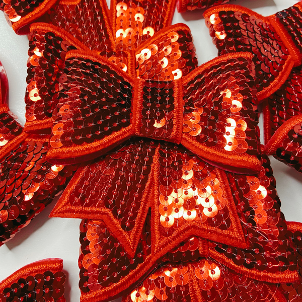 3" SEQUIN 3D Bow In RED - SEQUIN Hat Patch: Embroidered Patch