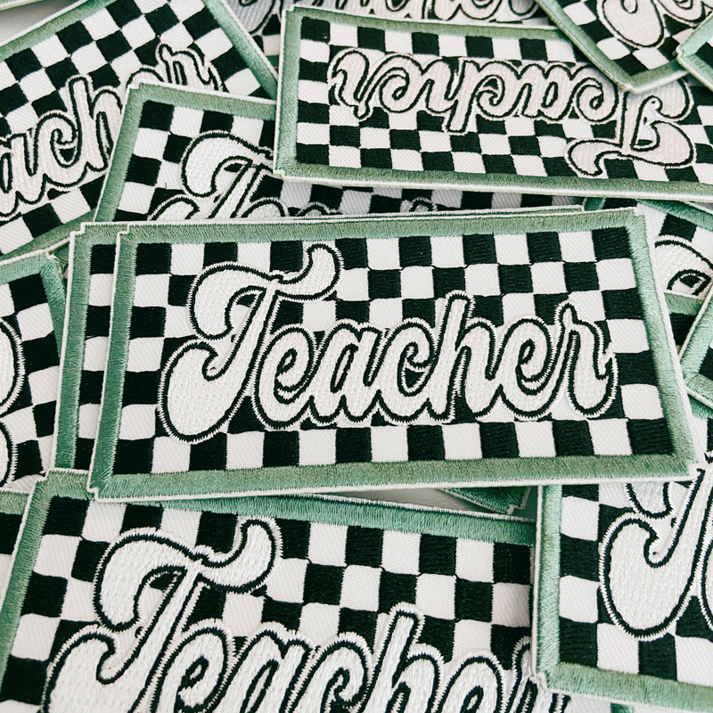 4" Checkered TEACHER -  Embroidered Hat Patch: 4" Embroidered Patch