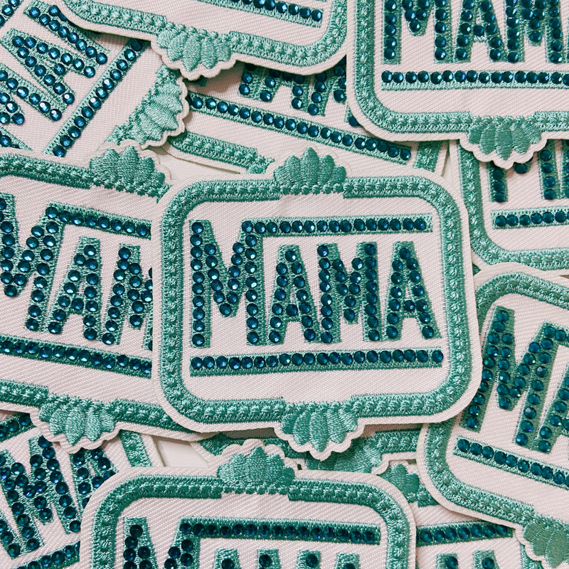 3" Teal MAMA with Rhinestones  -  Embroidered Hat Patch: 4" Embroidered Patch