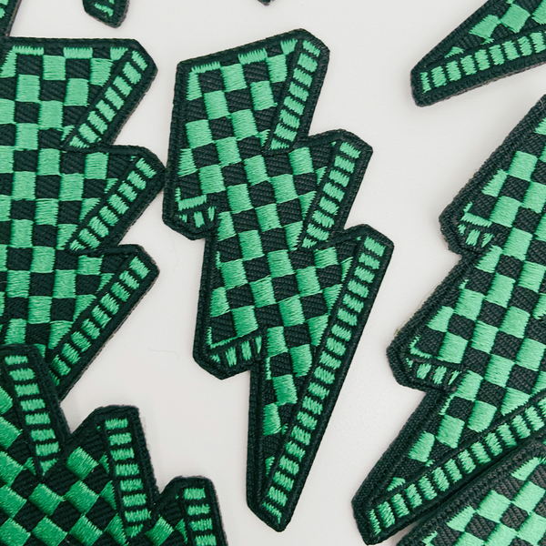 3” Checkered Lightning - GREEN - Embroidered Hat Patch: Embroidered Patch