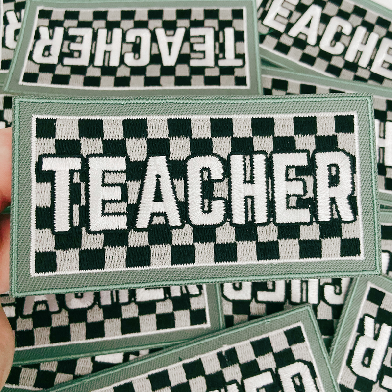 4" UNISEX TEACHER   Gray & Black Checkered -  Embroidered Hat Patch: 4" Embroidered Patch