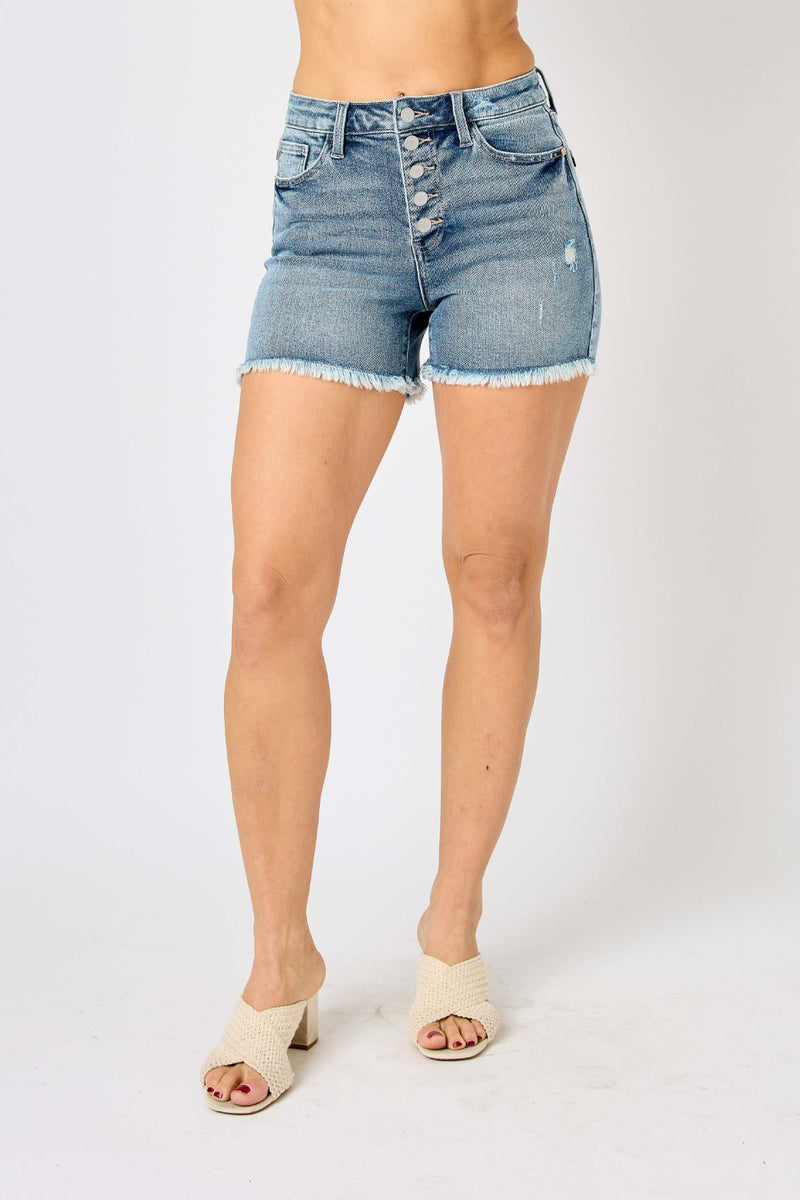 Judy Blue Full Size Button Fly Raw Hem Denim Shorts