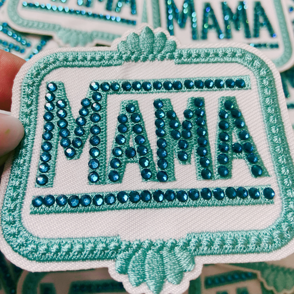 3" Teal MAMA with Rhinestones  -  Embroidered Hat Patch: 4" Embroidered Patch