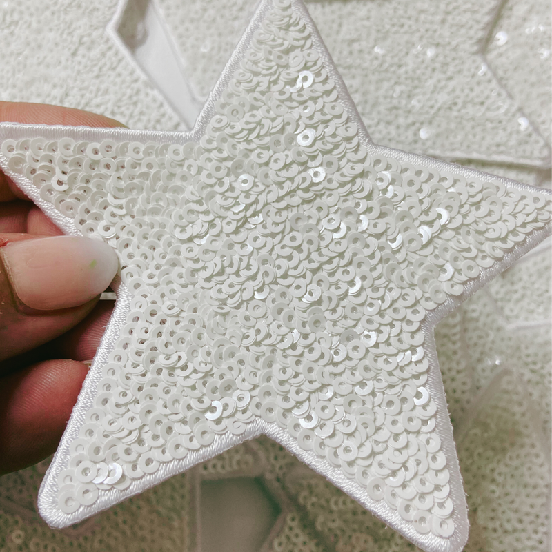 4" White Star - Sequin Embroidered Hat Patch: Embroidered Patch