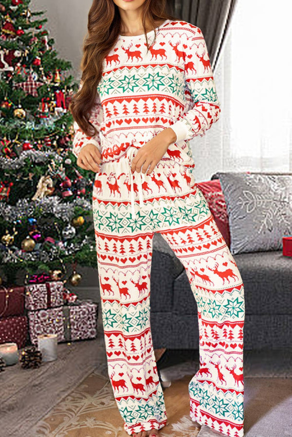 Christmas Print Pullover and Pants Lounge Set: White / L