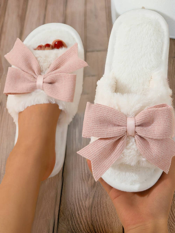 Bow Knot Decor Open Toe Plush Slippers: White / (US 11)43